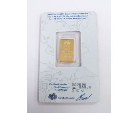 PAMP miniature gold ingot, Swiss made, commemorating the 1848 California gold rush, boxed and sealed on certificate 000096, 2