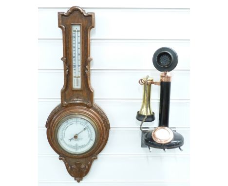Edwardian oak framed carved aneroid barometer by J.H Steward Ltd, London, 60cm tall, together with a vintage 'candlestick tel