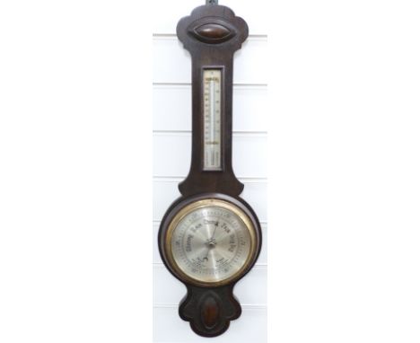 Early 20thC Cross Brother's of Cardiff aneroid barometer/thermometer, the silvered dials with black predictions, in oak case,