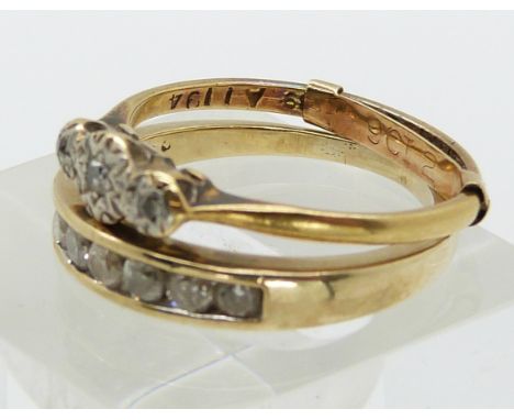 An 18ct gold ring set with diamonds in a platinum setting and a 9ct gold half eternity ring set with diamonds (size K)