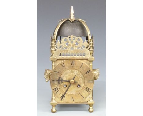 French 19thC brass lantern clock in earlier style, with masked decoration to sides and Japy Freres movement numbered 7230g, s