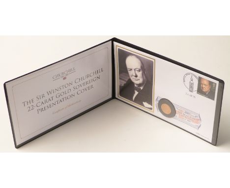 Sir Winston Churchill 22ct gold sovereign presentation cover with 1965 gold full sovereign