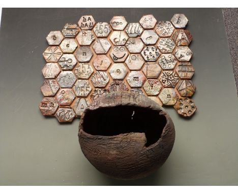 Ceramic art pottery abstract globe (36cm diameter) together with a tiled panel, 50 x 66cm&nbsp;