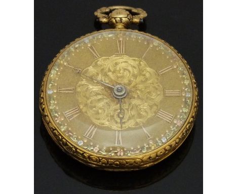 William Marshall of London 18ct gold open faced pocket watch with gold hands and Roman numerals, engraved self coloured dial,