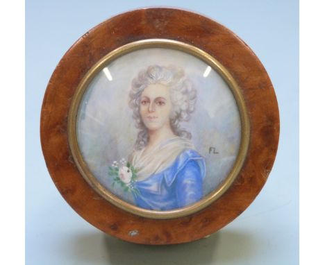 A 19th or early 20th century burr wood box, the top set with a portrait miniature of a lady in period dress, monogrammed FL t