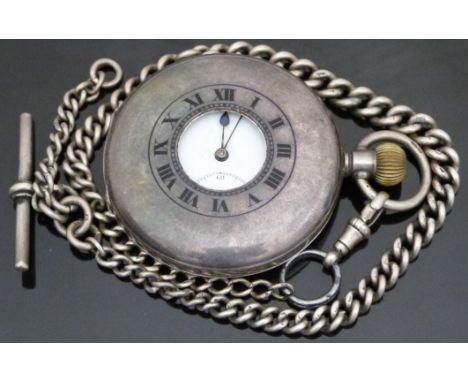 Silver keyless winding half hunter pocket watch with inset subsidiary dial, seconds dial, blued hands, Roman numerals, white 