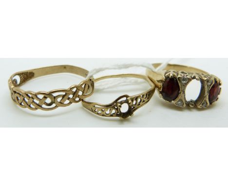 Two 9ct gold rings and a 9ct gold ring in a Celtic design, 5.4g