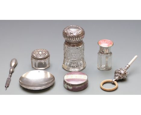 Three early 20th century silver top bottles, one with guilloché enamel decoration, an enamelled trinket box marked Sterling s