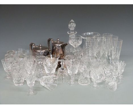 A collection of glass and silver plated items to include Stuart Crystal decanter with suite of glasses, mainly sets of six in