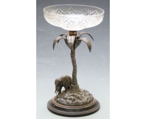 19th century silver plated centrepiece having cut glass bowl supported on a palm tree with elephant below, height 32cm