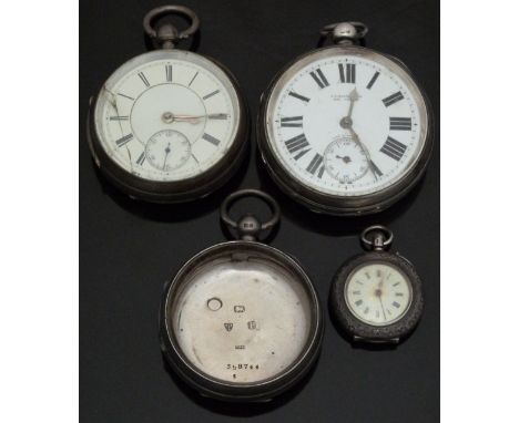 Two hallmarked silver open faced pocket watches both with subsidiary seconds dials, silver hands, black Roman numerals and wh