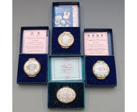 Four Bilston and Battersea Enamels enamel boxes in original outer boxes, comprising 1976, 1986, 1988 and 1989 St. Valentine's