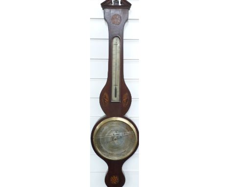 A 19thC banjo style mercury barometer / thermometer, the silvered dial signed Ortelli &amp; Co, London, with engraved predict