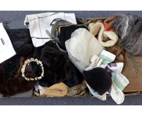 A collection of fur wraps and vintage handbags, makes include Gheradini