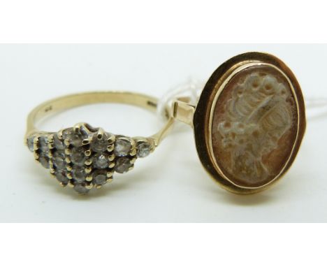 A 9ct gold ring set with a cameo and a 9ct gold ring set with cubic zirconia&nbsp;