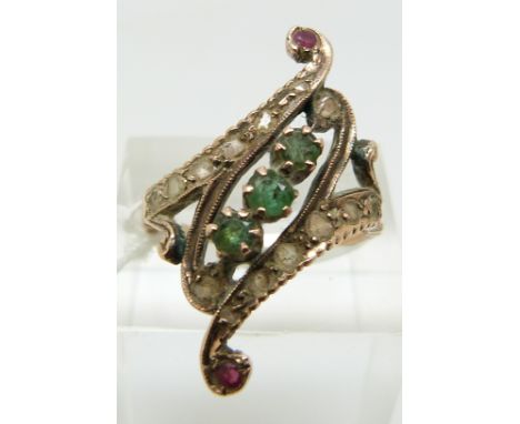 A rose gold ring set with emeralds, rubies and diamonds (size P)