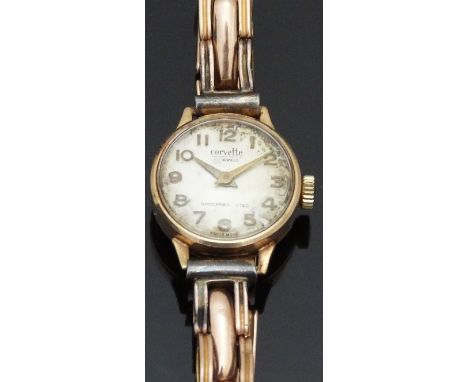 Corvette 9ct gold ladies wristwatch with gold hands and Arabic numerals, silver dial and 17 jewel calibre 921ST movement, on 