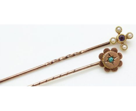 A 15ct gold stick pin set with an amethyst and seed pearls and a 9ct gold stick pin set with turquoise&nbsp;