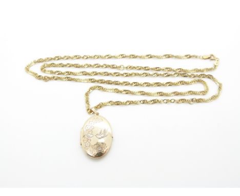 A 9ct gold chain/ necklace and 9ct gold locket with bird and foliate decoration, 10.6g, 41cm drop&nbsp;