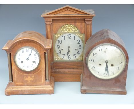 Early 20thC oak cased wall clock with stylised Arabic numerals and two train movement, 58cm tall, together with three-train J