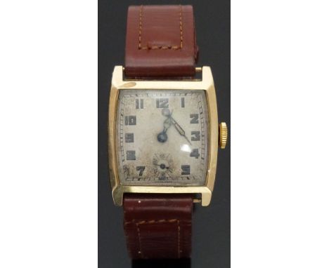 Vertex 9ct gold gentleman's cushion shaped Art Deco wristwatch with subsidiary seconds dial, luminous hands, Arabic numerals,