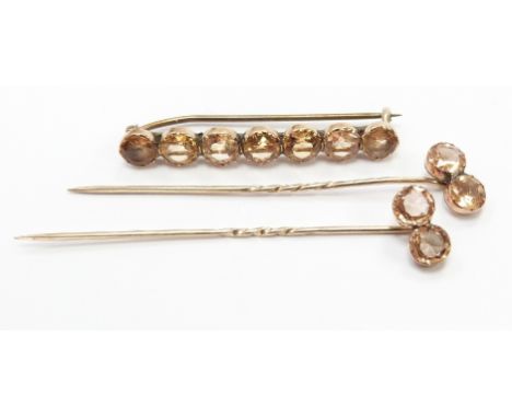 Victorian brooch (4.5cm) set with chrysoberyl and two matching stick pins