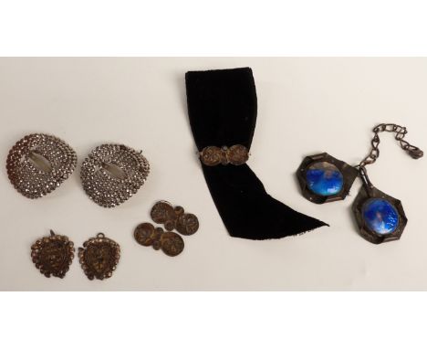 A pair of cut steel buckles, an enamel buckle and filigree fittings&nbsp;