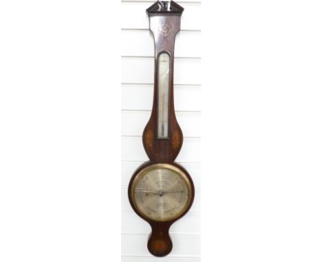 J Maver of London 19thC mercury barometer with silvered dial and inlaid decoration to case and finialled pediment, 98cm tall&