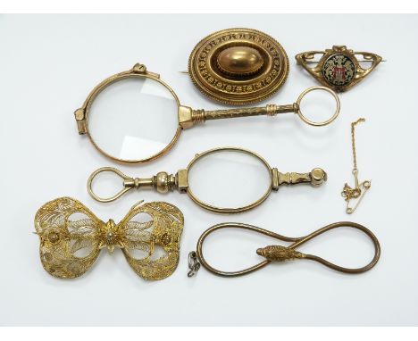 Two pairs of gold plated lorngettes, Victorian pinchbeck brooch, filigree brooch, snake buckle and a military brooch