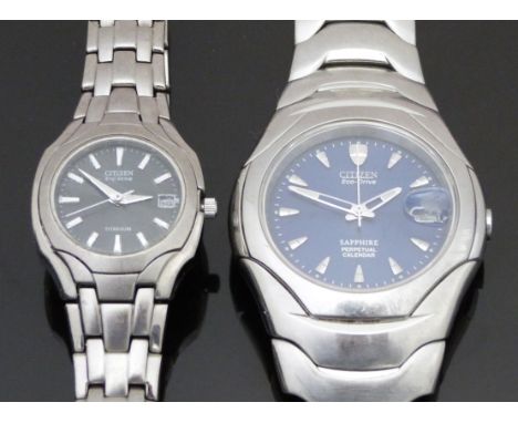 Two Citizen Eco-Drive wristwatches Sapphire Perpetual Calendar ref. E761-H32493 with date aperture, luminous steel hands, blu
