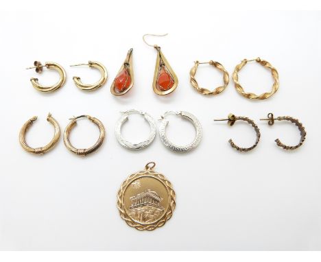 A 14k gold pendant (1.8g), three pairs of 9ct gold hoop earrings, other 9ct gold earrings (11.3g) and a pair of Victorian yel