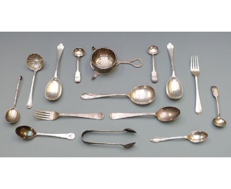 A quantity of hallmarked silver cutlery including Art Deco style fork and spoon christening set, sifter spoon, mustard or sal