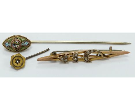 A 9ct gold brooch, a section of stick pin set with a diamond and a micro mosaic stick pin in original box for C.Petralli &amp