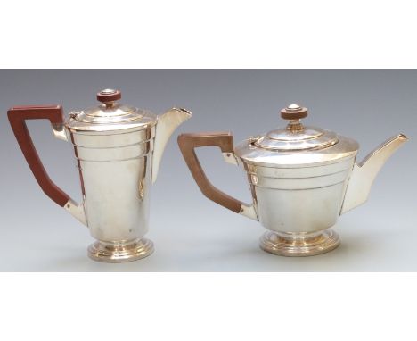 Walker &amp; Hall Art Deco hallmarked silver teapot and hot water jug of stepped tapering design, Sheffield 1944 and 1945, he