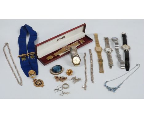 A collection of watches including Imado and Rotary, costume jewellery, silver bracelets, silver necklace, vintage paste neckl