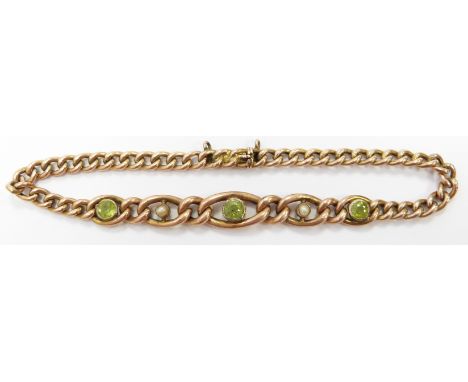 Edwardian 9ct gold bracelet set with seed pearls and peridot, 4.8g