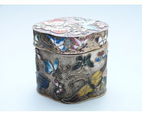 White metal or similar and enamel trinket pot with butterfly decoration, height 6cm, weight 93g