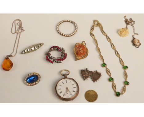 Edwardian hallmarked silver mizpah brooch with applied gold detail (Birmingham 1902), white metal pocket watch marked 800, et