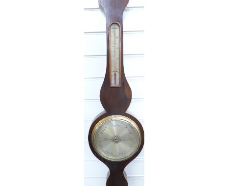 A 19thC banjo style aneroid barometer / thermometer, the silvered dial with engraved predictions, fine arrow and moon tipped 
