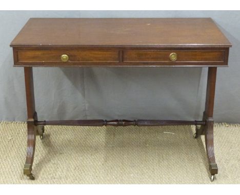 19thC style mahogany sofa table with two drawers, the reeded legs united by a turned and reeded support, L105 x D54 x H76cm