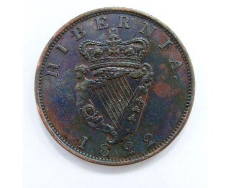 George IV 1822 Irish penny, laureate head, obverse with crowned harp reverse, EF - unc, toned