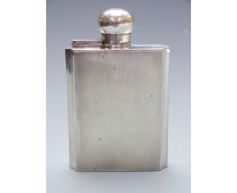 Art Deco style hallmarked silver hip flask with engine turned decoration and bayonet lid, Birmingham 1990 maker's mark rubbed