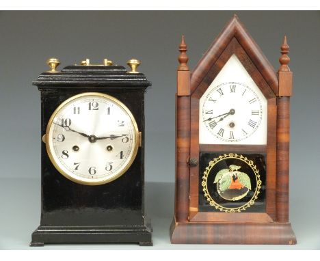 Late 19thC mantel clock in lacquered case with Arabic dial and two-train movement striking on a gong, together with a steeple