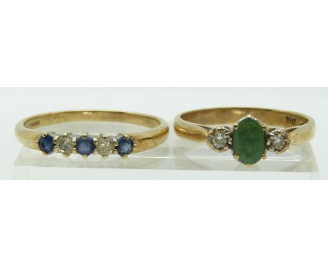 A 9ct gold ring set with alternating sapphires and diamonds and a 9ct gold ring set with an emerald and diamonds&nbsp;