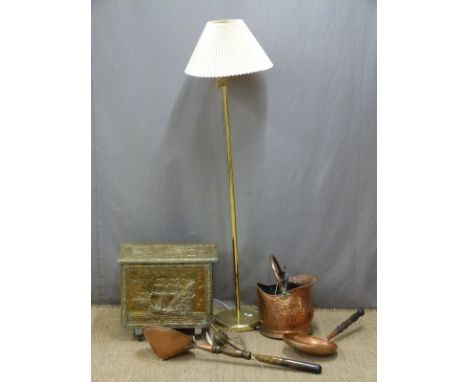 Copper and brassware including bucket, funnel, coal box, table lamp and standard lamp