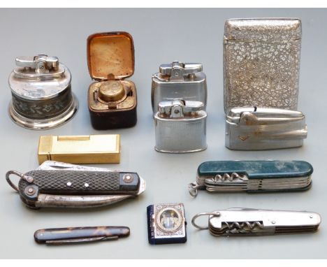 Lighters including Dunhill Rollalite, folding tools and knives and a travelling inkwell