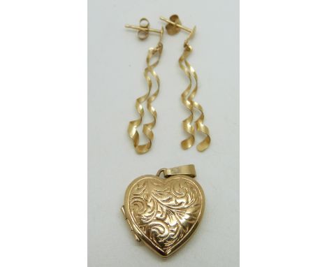 A pair of 9ct gold earrings and a locket