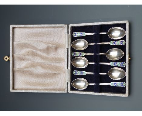 George V set of six Art Deco enamel Liberty style hallmarked silver tea spoons, Birmingham 1933 maker Turner &amp; Simpson, l