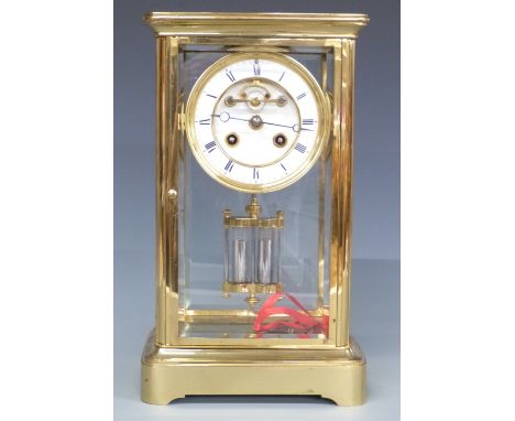 Marti of France late 19thC brass mantel clock in corniche style case, the Roman enamelled dial with Breguet style hands and v