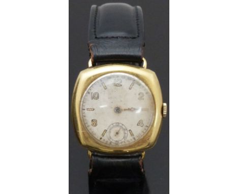 Swiss 18ct gold gentleman's wristwatch with inset subsidiary seconds dial, gold hand and Arabic numerals, silver dial, cushio